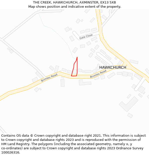 THE CREEK, HAWKCHURCH, AXMINSTER, EX13 5XB: Location map and indicative extent of plot