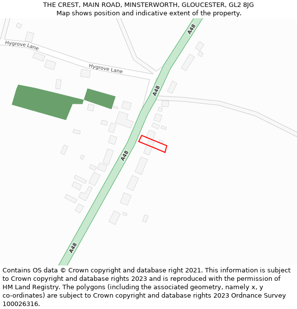 THE CREST, MAIN ROAD, MINSTERWORTH, GLOUCESTER, GL2 8JG: Location map and indicative extent of plot