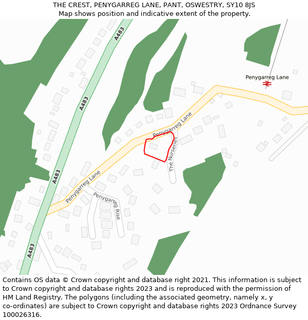 THE CREST, PENYGARREG LANE, PANT, OSWESTRY, SY10 8JS: Location map and indicative extent of plot