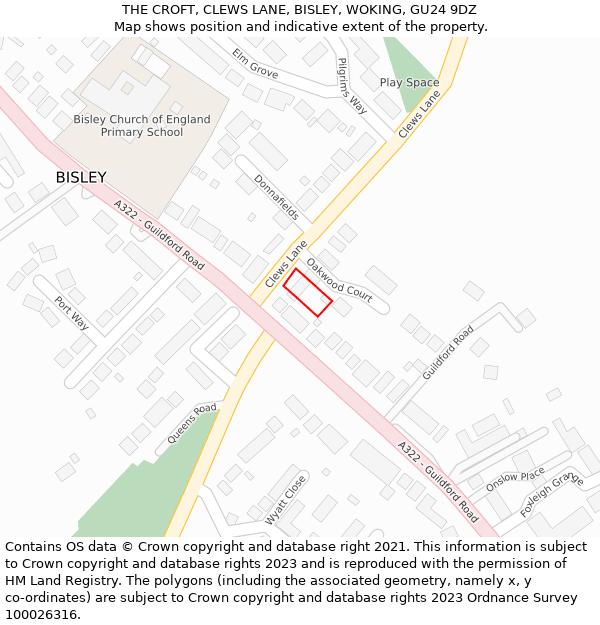 THE CROFT, CLEWS LANE, BISLEY, WOKING, GU24 9DZ: Location map and indicative extent of plot