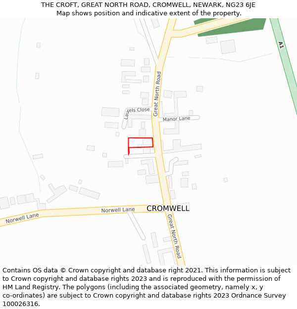 THE CROFT, GREAT NORTH ROAD, CROMWELL, NEWARK, NG23 6JE: Location map and indicative extent of plot