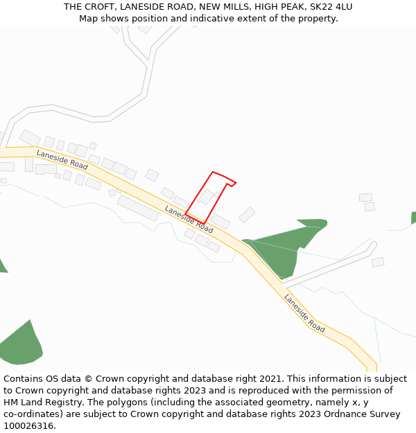 THE CROFT, LANESIDE ROAD, NEW MILLS, HIGH PEAK, SK22 4LU: Location map and indicative extent of plot