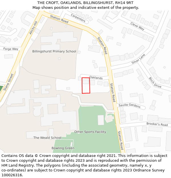 THE CROFT, OAKLANDS, BILLINGSHURST, RH14 9RT: Location map and indicative extent of plot