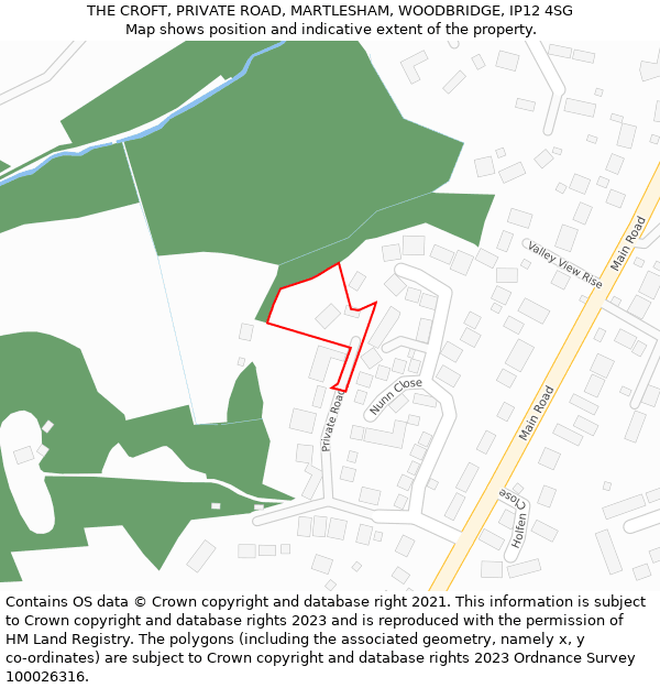THE CROFT, PRIVATE ROAD, MARTLESHAM, WOODBRIDGE, IP12 4SG: Location map and indicative extent of plot