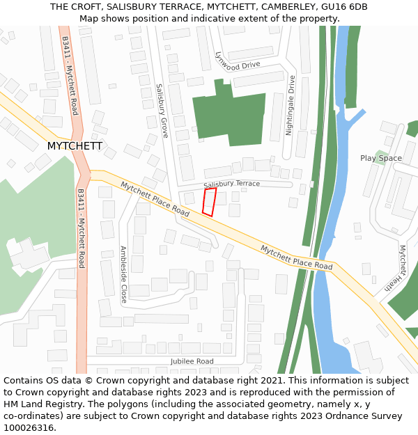 THE CROFT, SALISBURY TERRACE, MYTCHETT, CAMBERLEY, GU16 6DB: Location map and indicative extent of plot