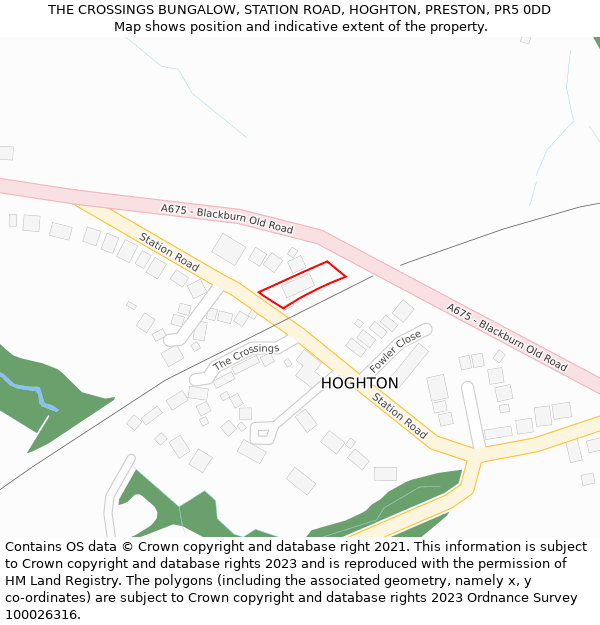 THE CROSSINGS BUNGALOW, STATION ROAD, HOGHTON, PRESTON, PR5 0DD: Location map and indicative extent of plot