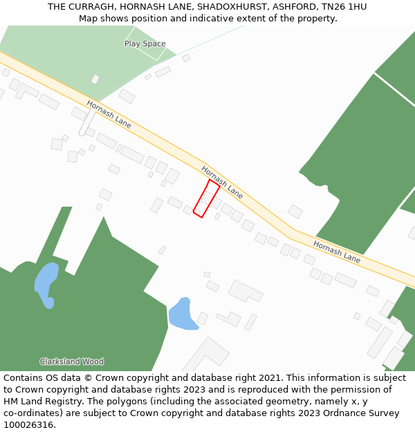 THE CURRAGH, HORNASH LANE, SHADOXHURST, ASHFORD, TN26 1HU: Location map and indicative extent of plot