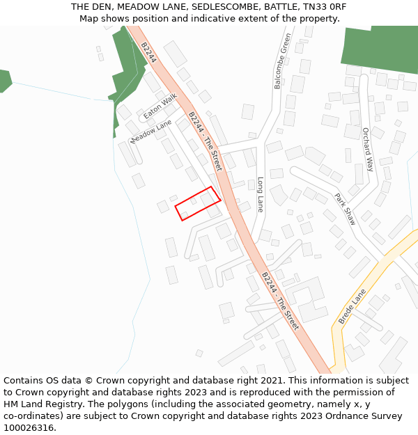 THE DEN, MEADOW LANE, SEDLESCOMBE, BATTLE, TN33 0RF: Location map and indicative extent of plot