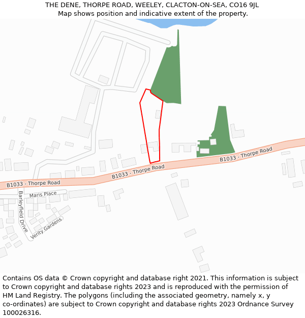 THE DENE, THORPE ROAD, WEELEY, CLACTON-ON-SEA, CO16 9JL: Location map and indicative extent of plot