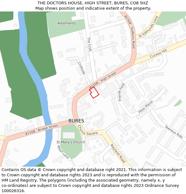 THE DOCTORS HOUSE, HIGH STREET, BURES, CO8 5HZ: Location map and indicative extent of plot