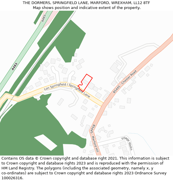 THE DORMERS, SPRINGFIELD LANE, MARFORD, WREXHAM, LL12 8TF: Location map and indicative extent of plot