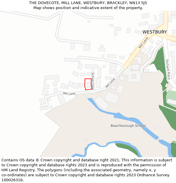 THE DOVECOTE, MILL LANE, WESTBURY, BRACKLEY, NN13 5JS: Location map and indicative extent of plot