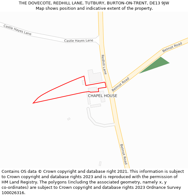 THE DOVECOTE, REDHILL LANE, TUTBURY, BURTON-ON-TRENT, DE13 9JW: Location map and indicative extent of plot