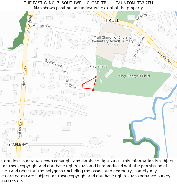 THE EAST WING, 7, SOUTHWELL CLOSE, TRULL, TAUNTON, TA3 7EU: Location map and indicative extent of plot