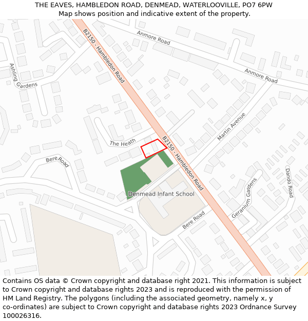 THE EAVES, HAMBLEDON ROAD, DENMEAD, WATERLOOVILLE, PO7 6PW: Location map and indicative extent of plot