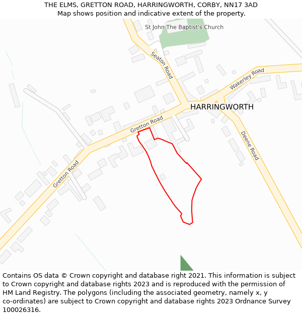 THE ELMS, GRETTON ROAD, HARRINGWORTH, CORBY, NN17 3AD: Location map and indicative extent of plot