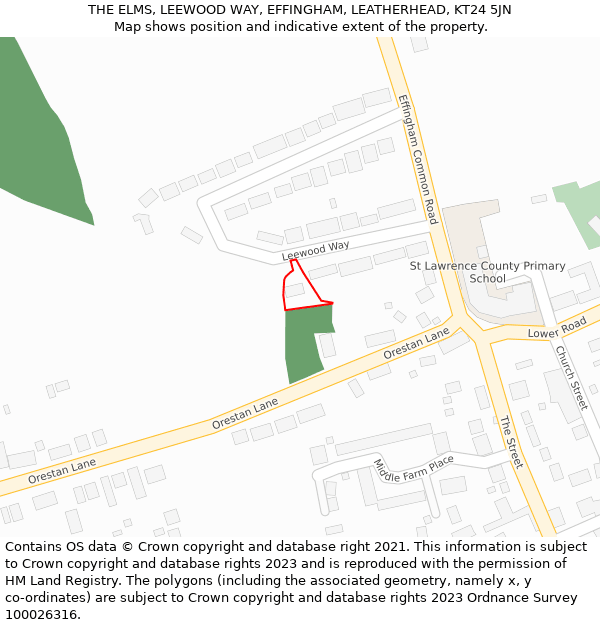 THE ELMS, LEEWOOD WAY, EFFINGHAM, LEATHERHEAD, KT24 5JN: Location map and indicative extent of plot