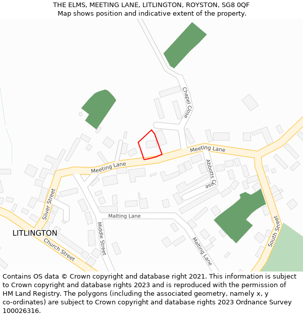 THE ELMS, MEETING LANE, LITLINGTON, ROYSTON, SG8 0QF: Location map and indicative extent of plot