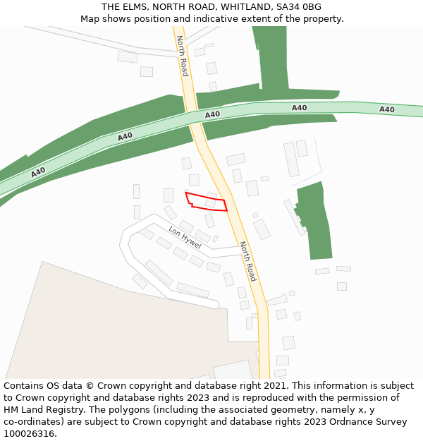 THE ELMS, NORTH ROAD, WHITLAND, SA34 0BG: Location map and indicative extent of plot