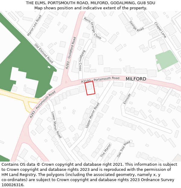 THE ELMS, PORTSMOUTH ROAD, MILFORD, GODALMING, GU8 5DU: Location map and indicative extent of plot