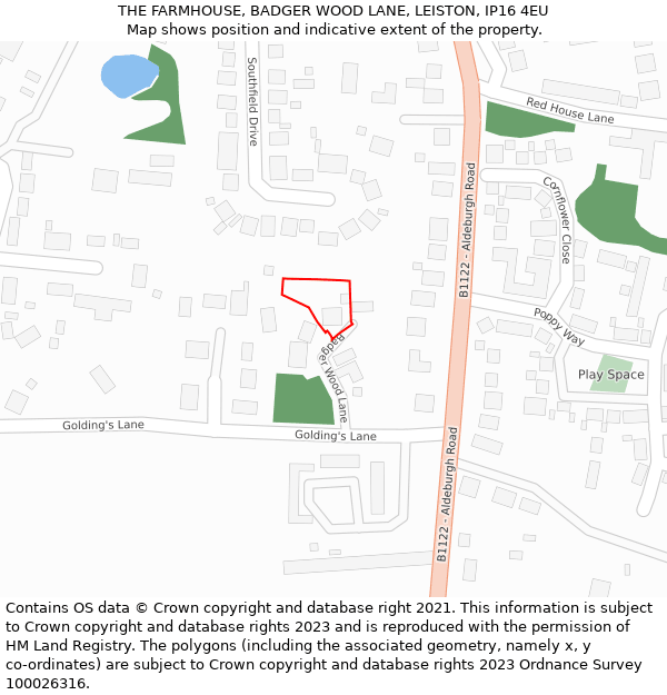 THE FARMHOUSE, BADGER WOOD LANE, LEISTON, IP16 4EU: Location map and indicative extent of plot