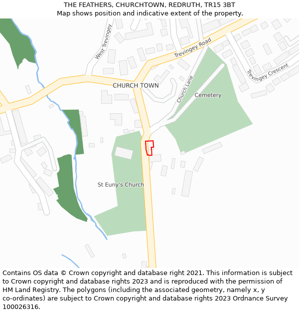 THE FEATHERS, CHURCHTOWN, REDRUTH, TR15 3BT: Location map and indicative extent of plot