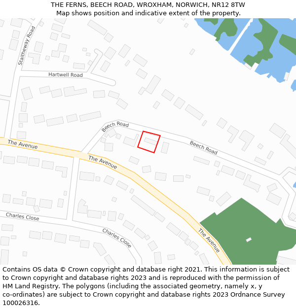 THE FERNS, BEECH ROAD, WROXHAM, NORWICH, NR12 8TW: Location map and indicative extent of plot