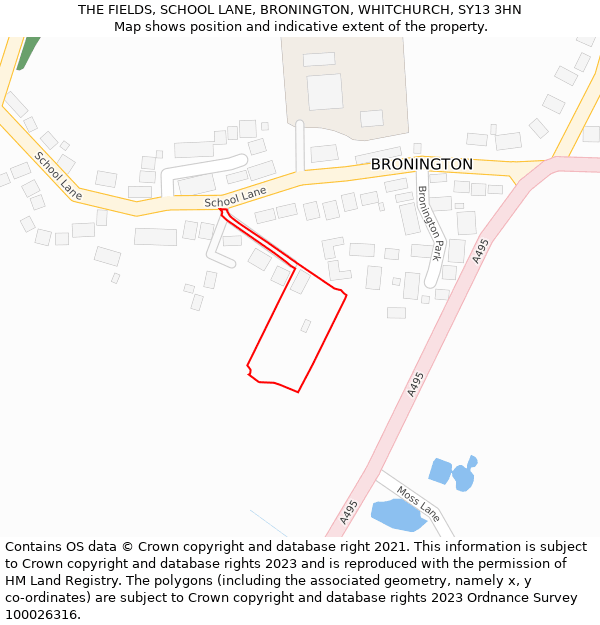 THE FIELDS, SCHOOL LANE, BRONINGTON, WHITCHURCH, SY13 3HN: Location map and indicative extent of plot