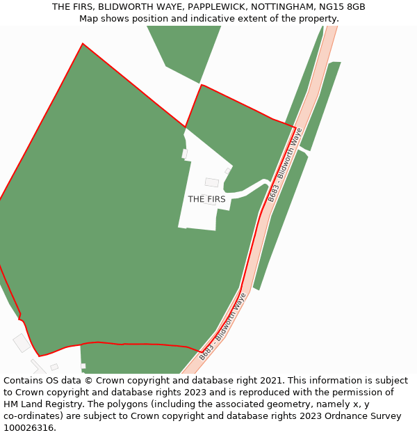 THE FIRS, BLIDWORTH WAYE, PAPPLEWICK, NOTTINGHAM, NG15 8GB: Location map and indicative extent of plot