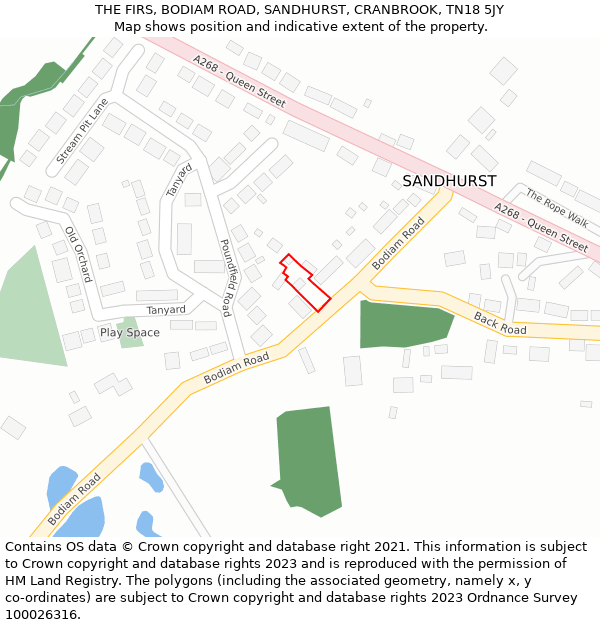 THE FIRS, BODIAM ROAD, SANDHURST, CRANBROOK, TN18 5JY: Location map and indicative extent of plot