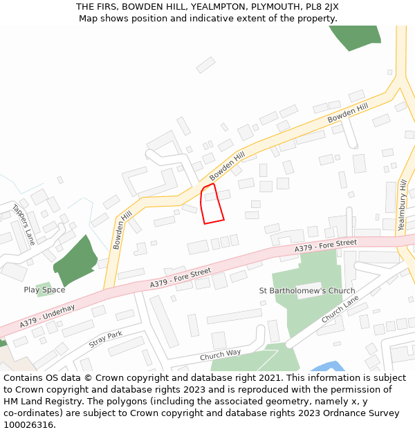 THE FIRS, BOWDEN HILL, YEALMPTON, PLYMOUTH, PL8 2JX: Location map and indicative extent of plot