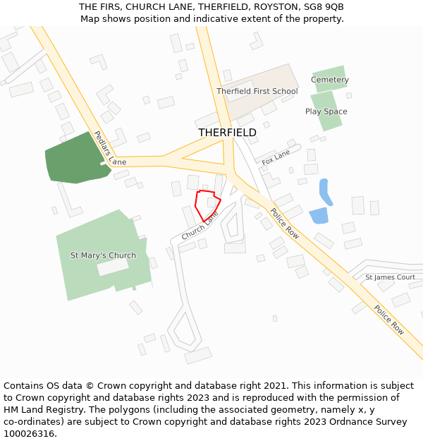 THE FIRS, CHURCH LANE, THERFIELD, ROYSTON, SG8 9QB: Location map and indicative extent of plot