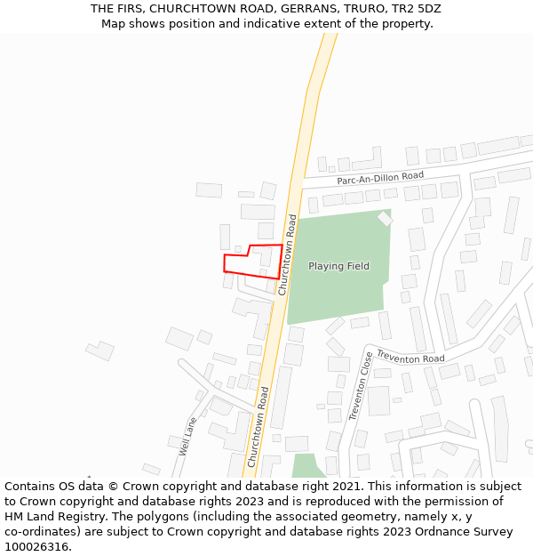 THE FIRS, CHURCHTOWN ROAD, GERRANS, TRURO, TR2 5DZ: Location map and indicative extent of plot