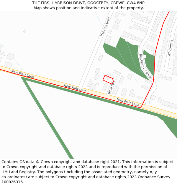 THE FIRS, HARRISON DRIVE, GOOSTREY, CREWE, CW4 8NP: Location map and indicative extent of plot