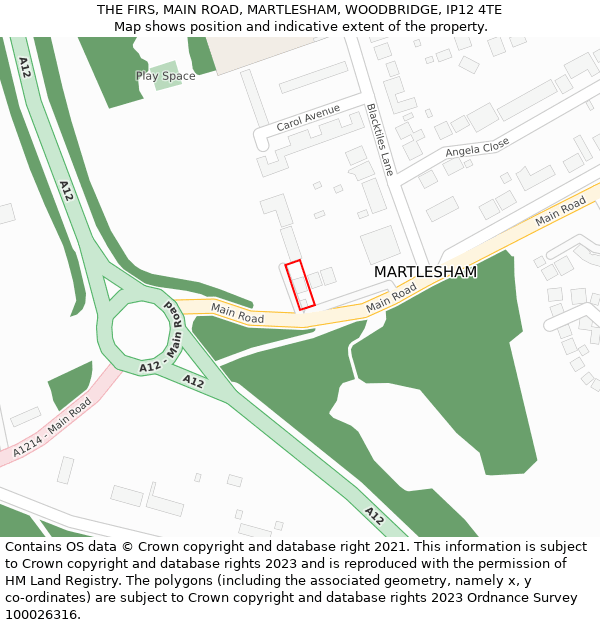 THE FIRS, MAIN ROAD, MARTLESHAM, WOODBRIDGE, IP12 4TE: Location map and indicative extent of plot