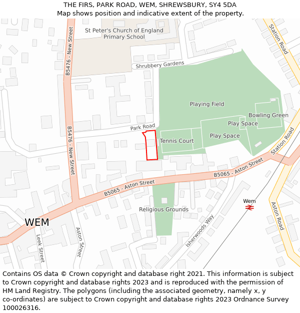 THE FIRS, PARK ROAD, WEM, SHREWSBURY, SY4 5DA: Location map and indicative extent of plot