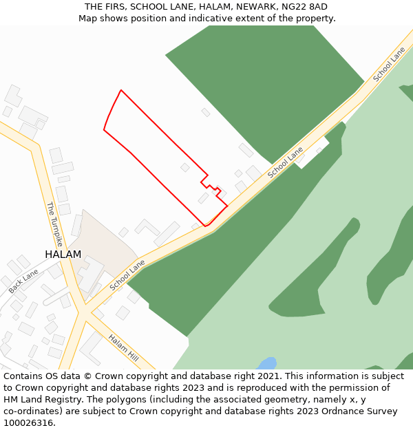 THE FIRS, SCHOOL LANE, HALAM, NEWARK, NG22 8AD: Location map and indicative extent of plot