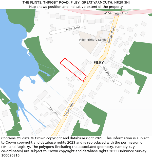 THE FLINTS, THRIGBY ROAD, FILBY, GREAT YARMOUTH, NR29 3HJ: Location map and indicative extent of plot