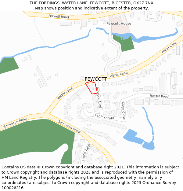 THE FORDINGS, WATER LANE, FEWCOTT, BICESTER, OX27 7NX: Location map and indicative extent of plot