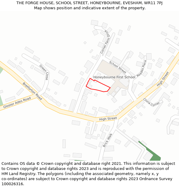 THE FORGE HOUSE, SCHOOL STREET, HONEYBOURNE, EVESHAM, WR11 7PJ: Location map and indicative extent of plot