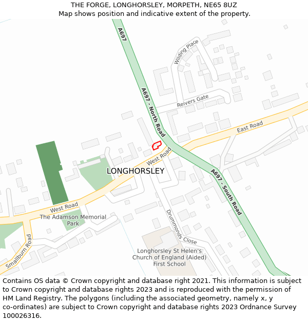 THE FORGE, LONGHORSLEY, MORPETH, NE65 8UZ: Location map and indicative extent of plot