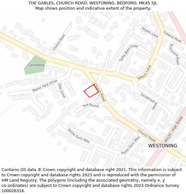 THE GABLES, CHURCH ROAD, WESTONING, BEDFORD, MK45 5JL: Location map and indicative extent of plot