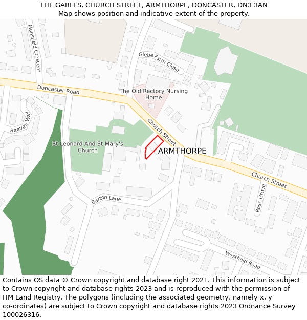 THE GABLES, CHURCH STREET, ARMTHORPE, DONCASTER, DN3 3AN: Location map and indicative extent of plot