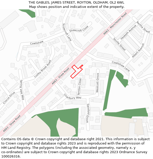 THE GABLES, JAMES STREET, ROYTON, OLDHAM, OL2 6WL: Location map and indicative extent of plot