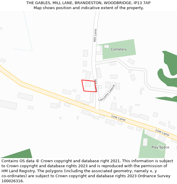 THE GABLES, MILL LANE, BRANDESTON, WOODBRIDGE, IP13 7AP: Location map and indicative extent of plot