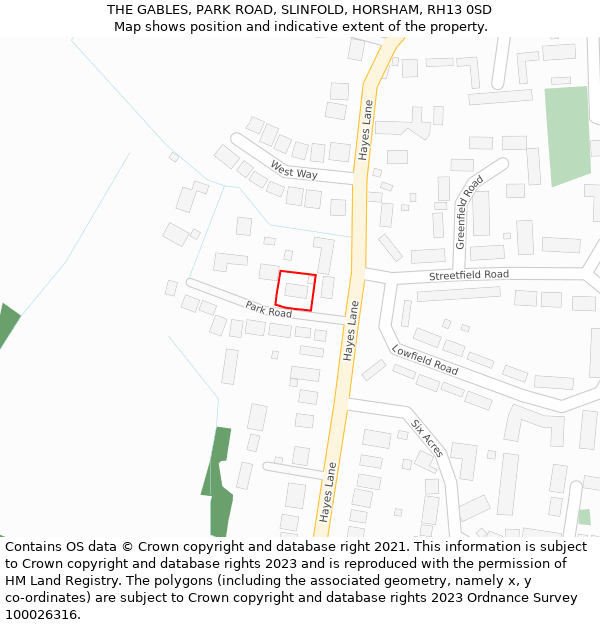 THE GABLES, PARK ROAD, SLINFOLD, HORSHAM, RH13 0SD: Location map and indicative extent of plot