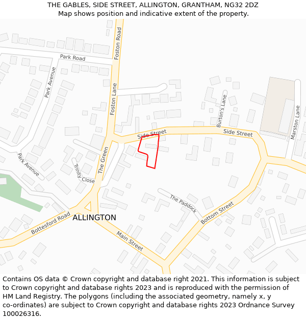 THE GABLES, SIDE STREET, ALLINGTON, GRANTHAM, NG32 2DZ: Location map and indicative extent of plot