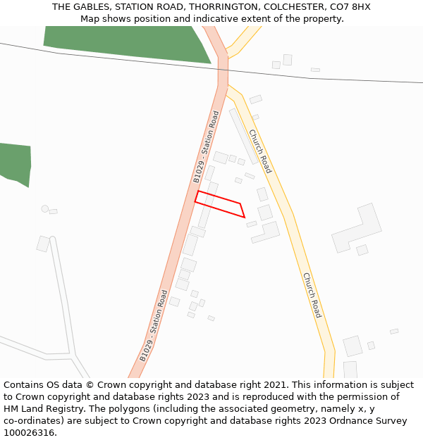 THE GABLES, STATION ROAD, THORRINGTON, COLCHESTER, CO7 8HX: Location map and indicative extent of plot