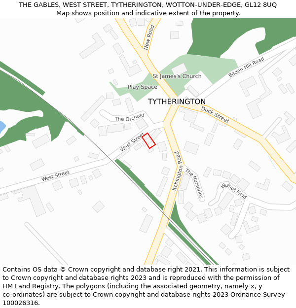 THE GABLES, WEST STREET, TYTHERINGTON, WOTTON-UNDER-EDGE, GL12 8UQ: Location map and indicative extent of plot