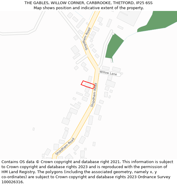 THE GABLES, WILLOW CORNER, CARBROOKE, THETFORD, IP25 6SS: Location map and indicative extent of plot